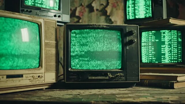 Old TVs showing green screens and code in a dark room with peeling wallpaper