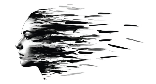 A black and white illustration of a woman's face dissolving into abstract shapes