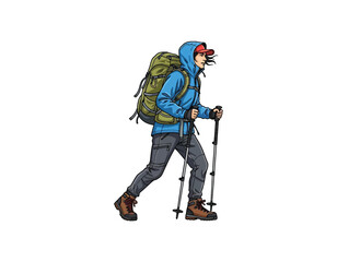 Illustration of a hiker with a backpack and trekking poles, walking on a mountain trail, with a focus on outdoor adventure and exploration