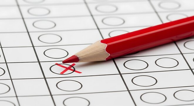 A red pencil marking an answer on a multiple choice test with a bold X.