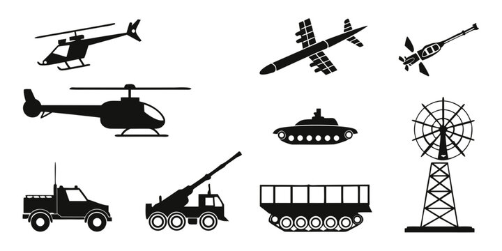military vehicles and aircraft Vector
