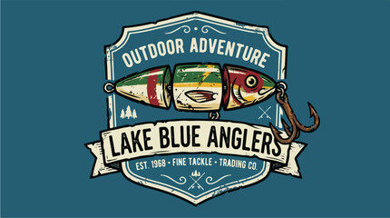 Obraz premium Vintage Fishing Lure Logo for Lake Blue Anglers Outdoor Adventure.