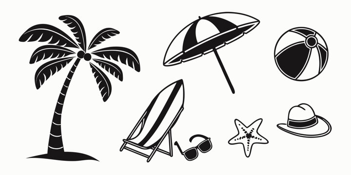 a collection of beach icons including a palm tree and surfboard Vector