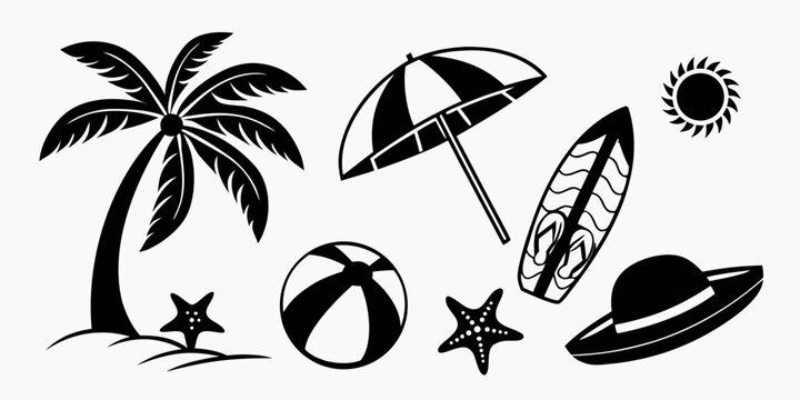 black and white beach icons including palm tree and umbrella Vector