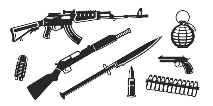 collection of various military weapons and ammunition Vector