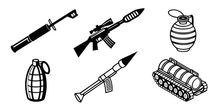 collection of various military weapons and vehicles Vector