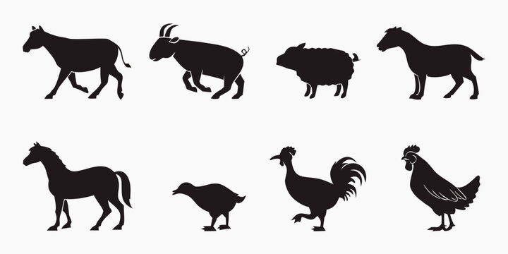 black silhouettes of various farm animals Vector