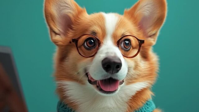 Playful corgi wearing glasses and a sweater with laptop