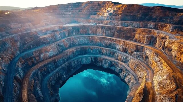Aerial view of a striking open-pit mine with turquoise water