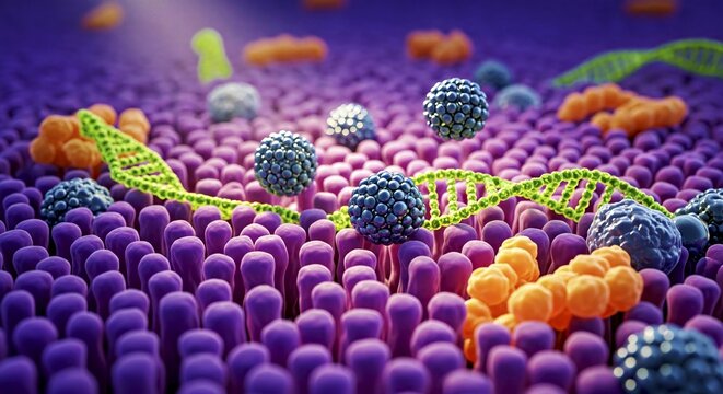 Vaccine Nanoparticles Delivering Genetic Material into Human Cell Membrane, Advanced mRNA Biotechnology and Nanomedicine Concept
