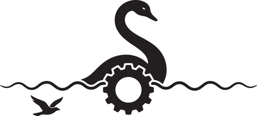 Black silhouette of a mythical sea creature with a gear for its body and a bird flying above wavy water also transparent background