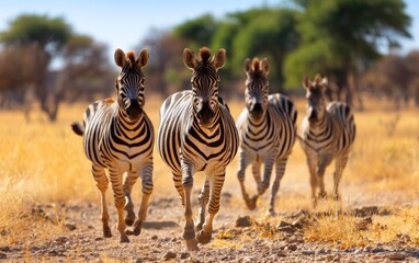 Fototapeta premium Zebras Running Swiftly Across Sunny Savanna Under Midday Sunlight