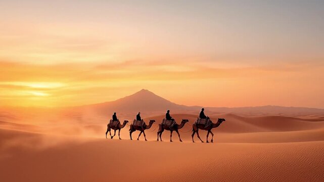 A caravan traveling through the desert at sunset, white background