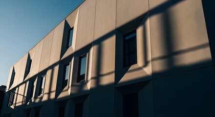 Fototapeta premium Contemporary Building Facade with Geometric Details and Striking Shadow Patterns Against a Clear Blue Sky