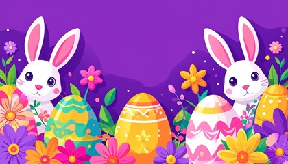Happy Easter Celebration with Rabbits, Eggs, and Flowers