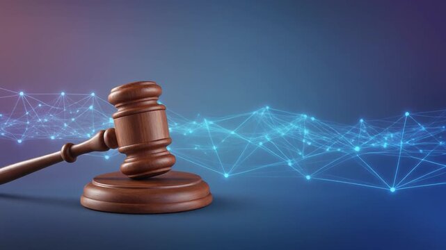 A wooden judge's gavel on a blue background with a glowing network