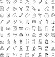 Fototapeta premium Medical healthcare icon vector set with doctor, syringe, pills, stethoscope, hospital equipment, and medicine symbols isolated on light background