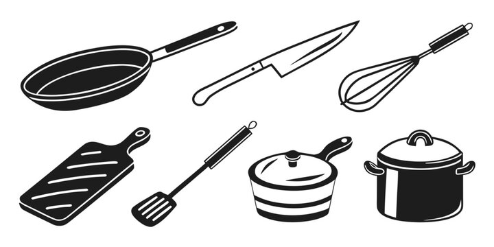 a collection of kitchen utensils and cookware Vector