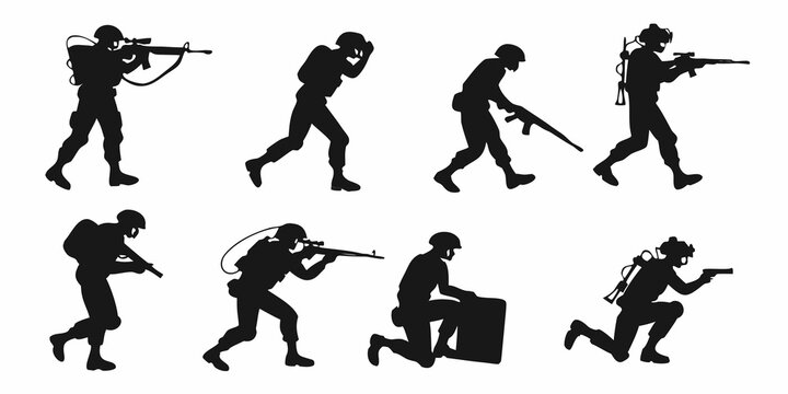 set of silhouettes of soldiers in various combat positions Vector