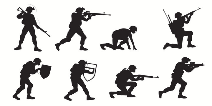 soldiers in various combat positions and actions Vector