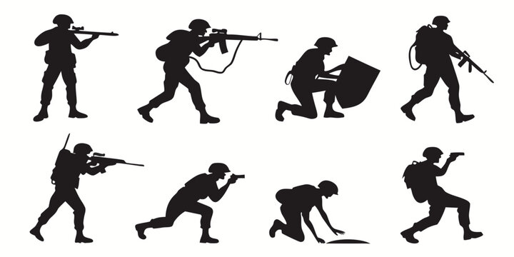 soldiers in various combat positions and actions Vector