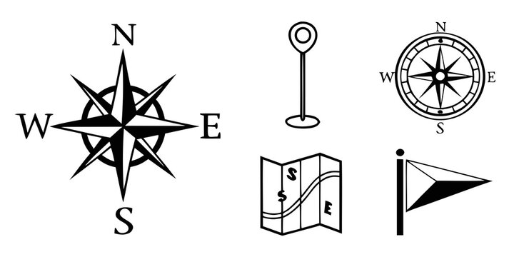a set of navigation icons including a compass rose and a map marker Vector