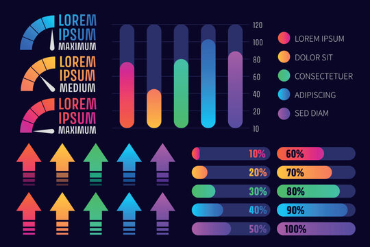 Vector UI kit of colorful charts, progress bars, and gauges on a dark background. Flat design elements for business dashboards, data visualization, and app interfaces. Modern infographic collection.