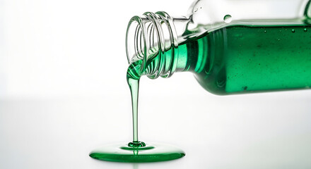 Green liquid serum or essential oil being poured from a clear glass bottle against a white background 