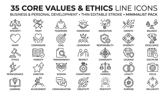 35 Core Values & Ethics Line Icons Vector Set for Business and Personal Development, Thin Editable Stroke, Minimalist Pack for Web and Print