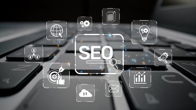 SEO concept for improving SEO visibility, with SEO related digital tools and SEO performance icons shown in an focused layout for strategic marketing. Muxer