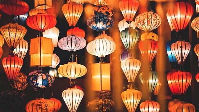 Vibrant traditional Vietnamese silk lanterns glowing at night in Hoi An. generated with AI