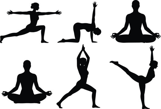 Dynamic Yoga Poses Silhouettes: Diverse Set of Meditative, Balancing, and Warrior Stretches for Health and Wellness Designs