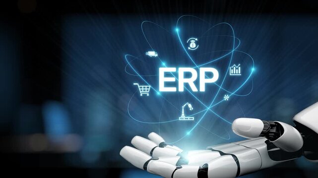 A futuristic robotic hand presents a visual representation of an ERP system, showcasing various icons that symbolize technology and data management in business. Synapse