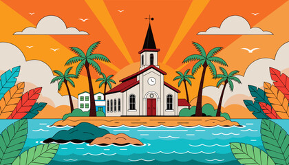 Obraz premium A church on a small island with palm trees