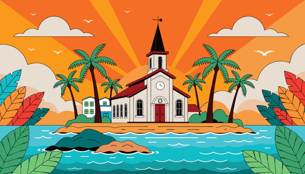 A church on a small island with palm trees