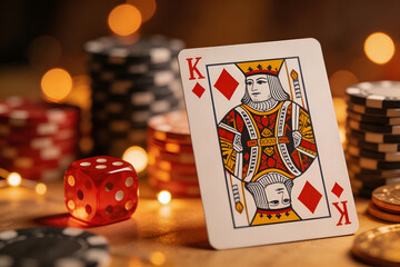 King of diamonds playing card with dice and poker chips on table lights Gambling concept