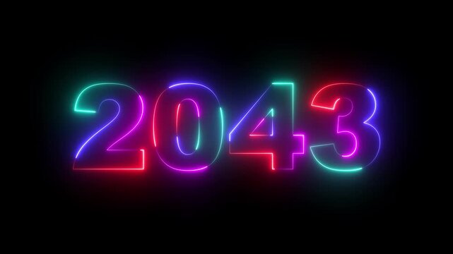 Happy new year 2043 Neon animated background. Video animation of abstract neon light with the numbers 2043 over blue background - represents the new year. 2043 happy new year.