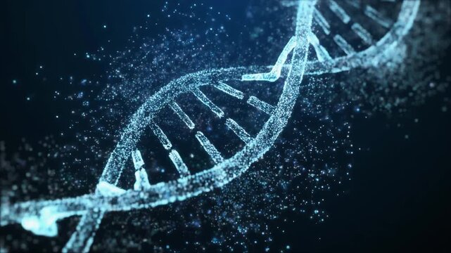 Abstract Blue DNA Double Helix Structure Formed by Sparkling Particles, Representing Genetics, Biology, and Medical Research