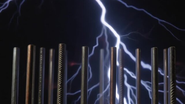 High-Voltage Electrical Discharge with Lightning and Metal Reinforcement Bars on a Dark Background, Illustrating Raw Power and Conductivity