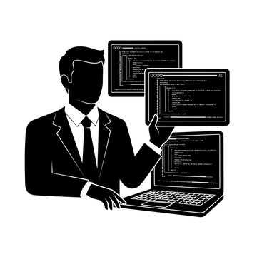 programmer silhouette coding on laptop with multiple screens