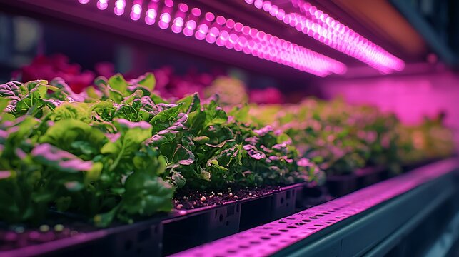 Indoor hydroponic garden with vibrant leafy greens illuminated by pink grow lights