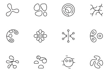 Set of minimalist abstract line icons representing biological cells, neurons, and scientific structures on a white background