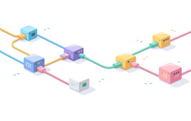 Colorful geometric network of interconnected cubes with cables and dots
