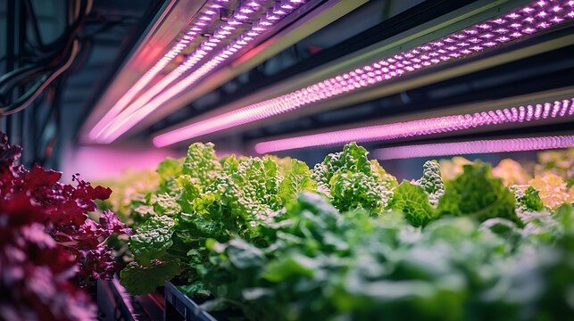 Indoor hydroponic garden with vibrant leafy greens illuminated by pink grow lights
