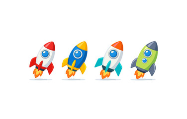 Obraz premium Colorful cartoon rockets in flight on white background
