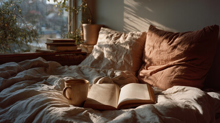 Unmade Bed Two Pillow Indentations Open Book Empty Coffee Cup Morning Light — Lifestyle Editorial Intimacy Domestic Living