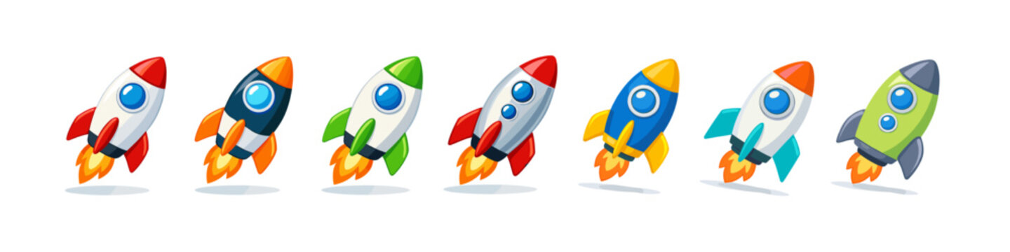 Colorful cartoon rockets in flight on white background
