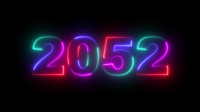 Happy new year 2052 Neon animated background. Video animation of abstract neon light with the numbers 2052 over blue background - represents the new year. 2052 happy new year.