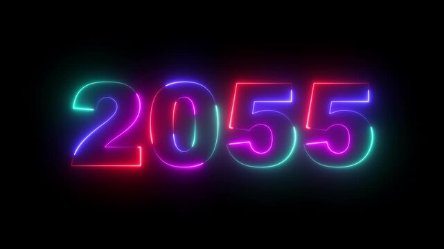 Happy new year 2055 Neon animated background. Video animation of abstract neon light with the numbers 2055 over blue background - represents the new year. 2055 happy new year.