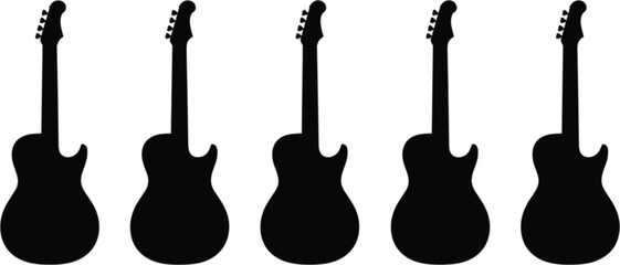 Naklejka premium Collection of black electric guitar vector silhouettes featuring classic musical instrument shapes for rock band logos and music festival design.